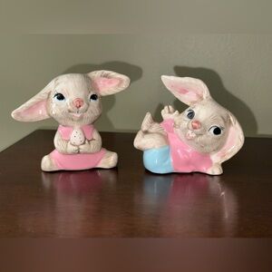 Vintage Mid-Century Big Blue Eyes Ceramic Bunny Figurine Set  Pink & Blue Kitsch
